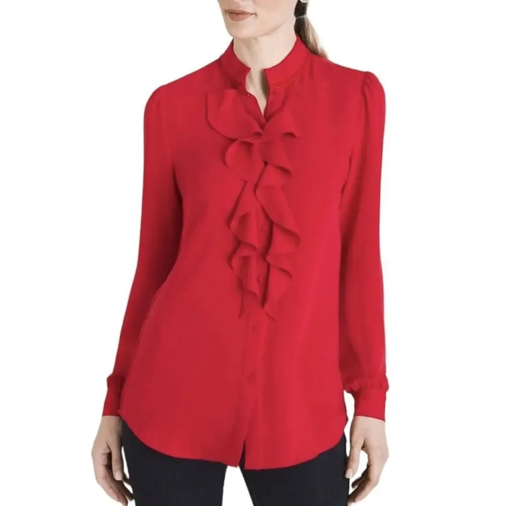 Chicos Ruffle Front Button Up Blouse Womens Size XL/16 Red NWT $79 - Picture 1 of 4